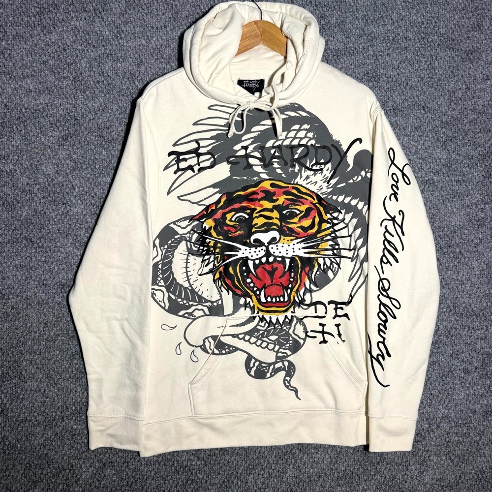 Ed Hardy Hoodie Love Kills Slowly Raglan Sleeve Ivory White Mens Size Medium NWT